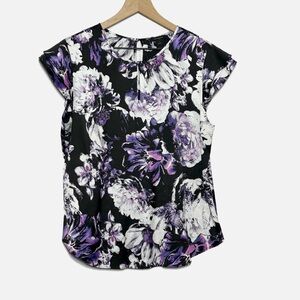 Ann Taylor floral purple black white cap sleeve career work wear blouse top M
